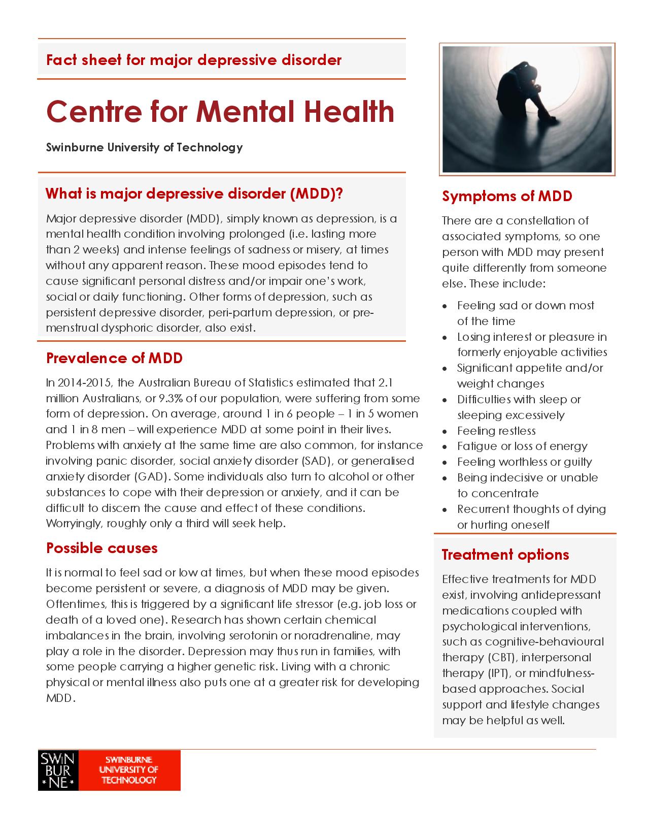 Major Depressive Disorder (MDD) fact sheet