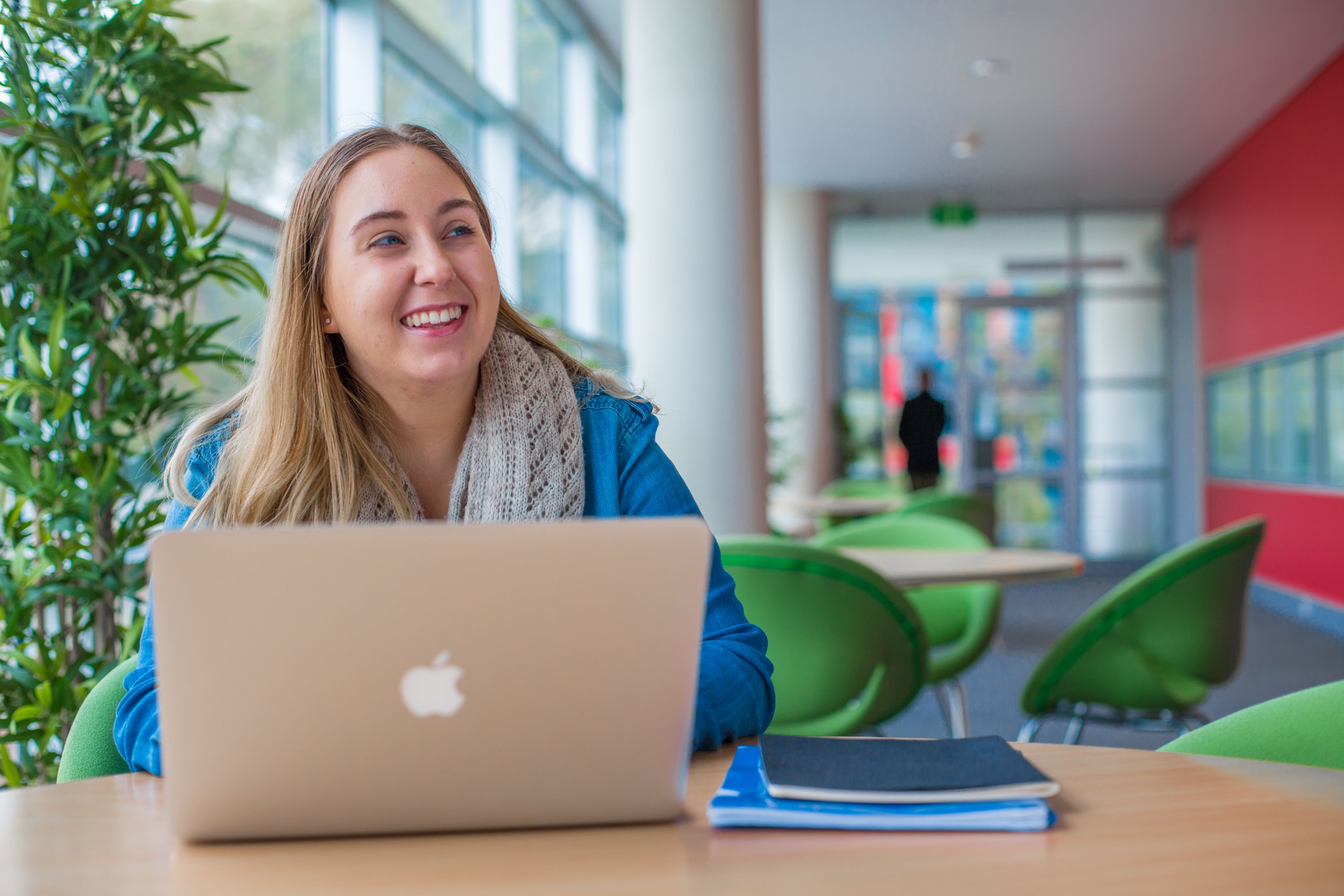 Being able to access free Wi-Fi on campus enables Jasmine to study for her degree in between classes. Being able to access free Wi-Fi on campus enables Jasmine to study for her degree in between classes.