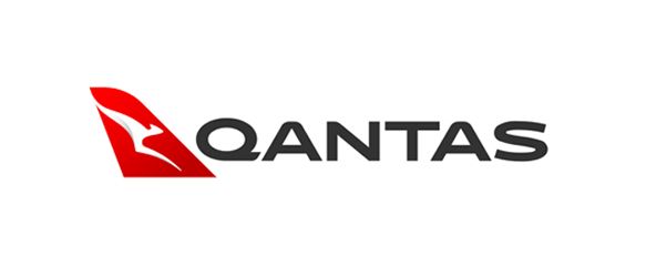 QANTAS logo White and red silhouette of a kangaroo followed by text that reads QANTAS in plain black on the right